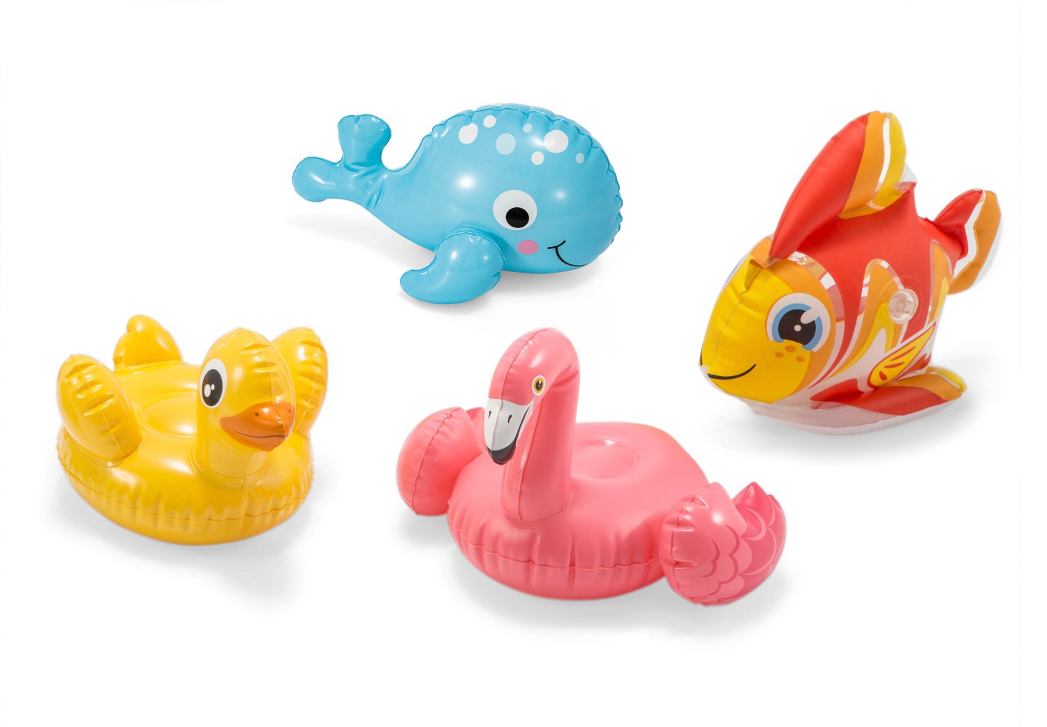 Inflatable water toy set with blue whale, yellow duck, pink flamingo and red fish