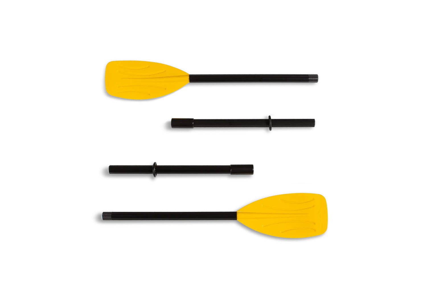 Folded paddle oar set: yellow blades and black shafts with connectors.