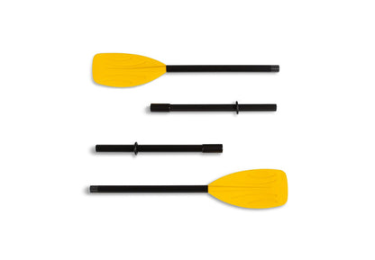 Folded paddle oar set: yellow blades and black shafts with connectors.