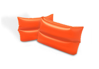 Orange inflatable arm bands with cushioned curved shape for upper arms