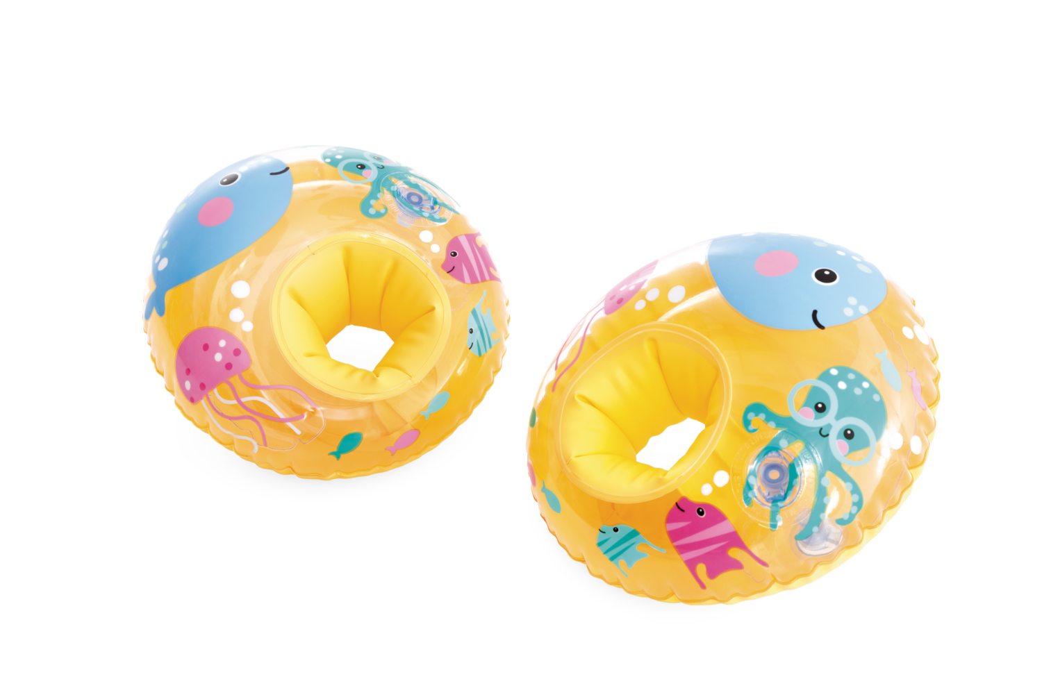 Pair of inflatable sea-themed arm rings, blue and yellow with sea animal graphics