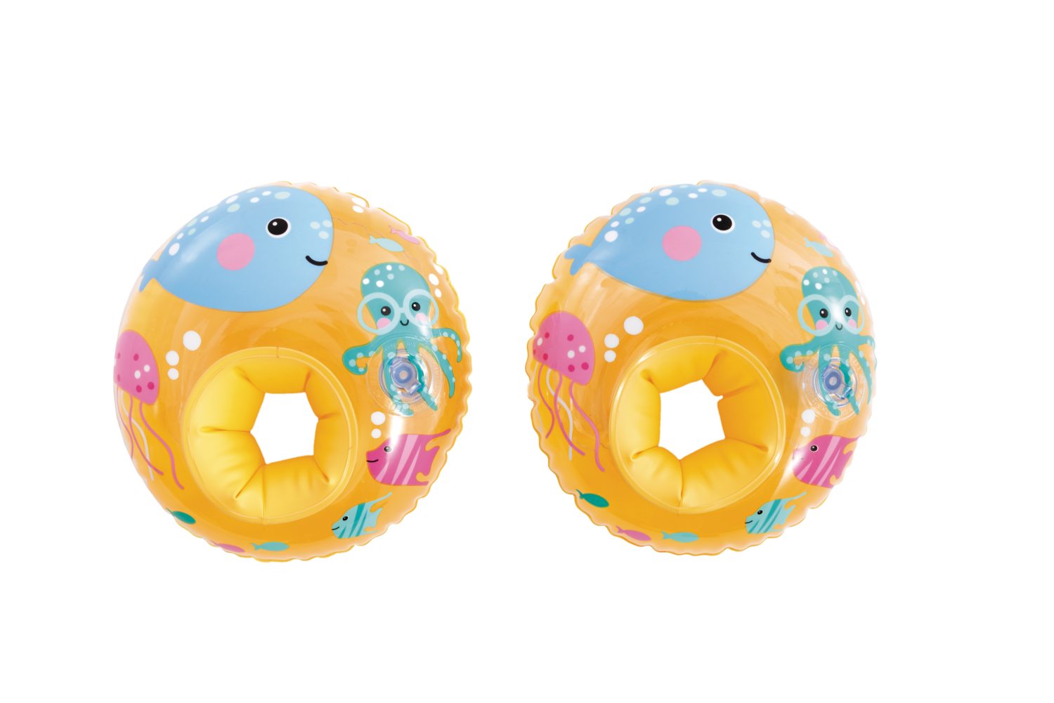 Two inflatable sea-themed arm rings with smiling sea animal faces on blue sections