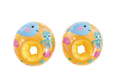 Two inflatable sea-themed arm rings with smiling sea animal faces on blue sections