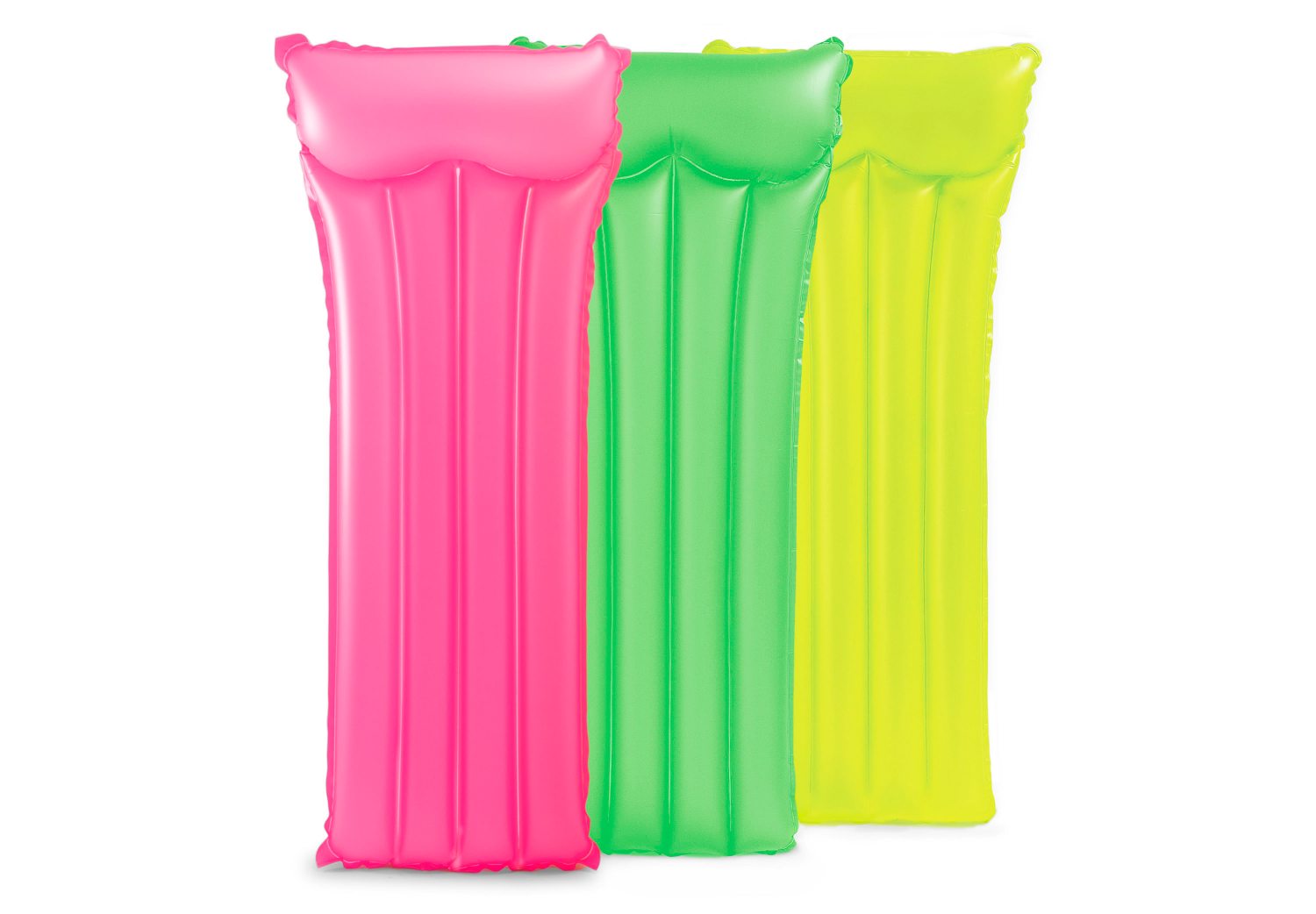 Set of inflatable air mats in neon pink, green, and yellow