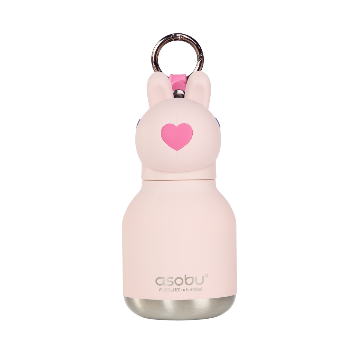 Pink bunny mini water bottle with heart detail and keyring, stainless steel base