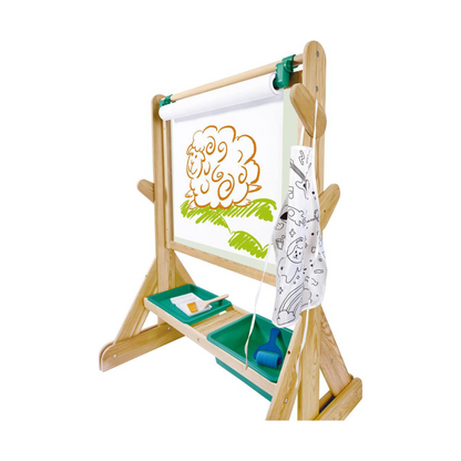 OUTDOOR ART EASEL Staffelei mit weißer Leinwandrolle und grünen Ablagefächern