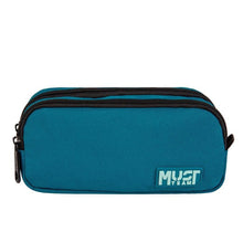 Two-compartment barrel pencil case in petrol blue with logo patch and zippers