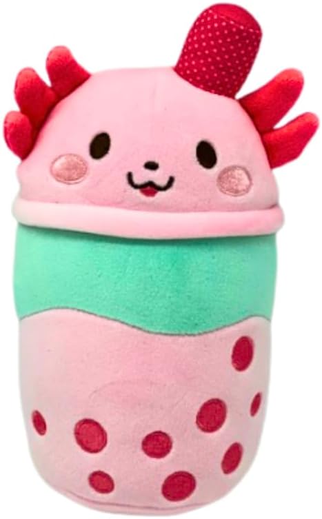Boba Tea Plush cup with cow face, red horns, pink top, green middle, pale body with red dots
