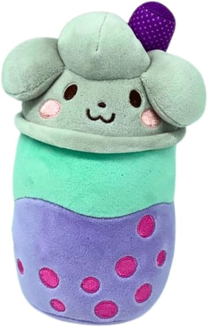 Boba Tea Plush cup with elephant face, mint top ears, green middle, purple bottom with pink dots
