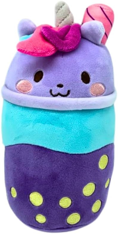 Boba Tea Plush cup with bunny face, pink bow, purple top, teal middle, dotted pattern