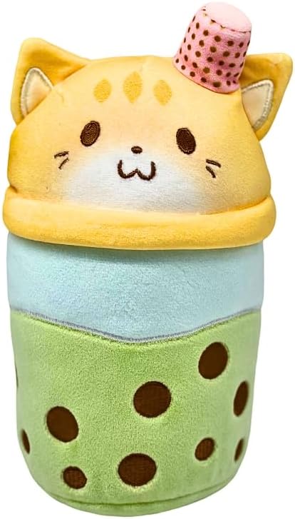 Boba Tea Plush assorted cup with cat face, yellow top, blue middle, green bottom