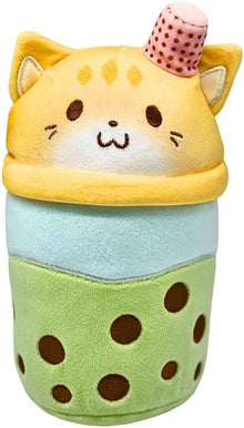 Boba Tea Plush assorted cup with cat face, yellow top, blue middle, green bottom