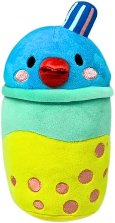 Boba Tea Plush cup with blue bear face, red straw, blue lid, green-yellow body with dots
