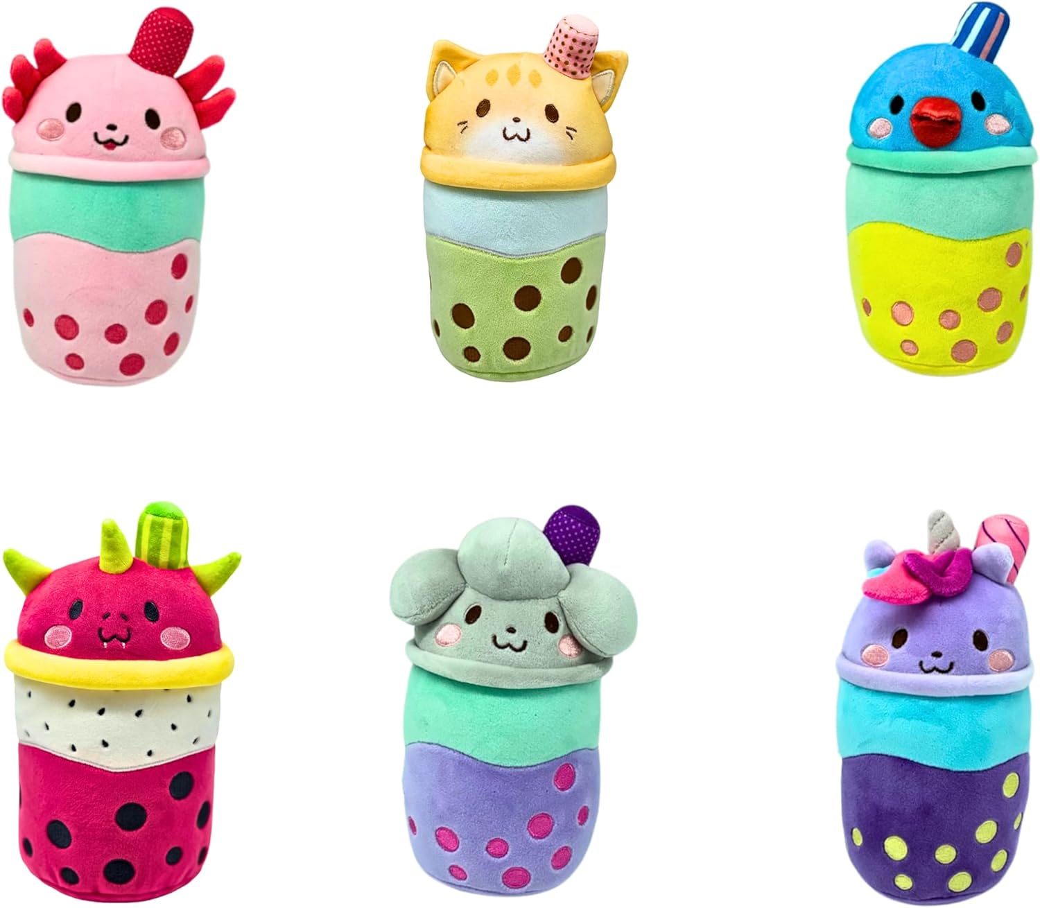 Assorted Boba Tea plush cups showing multiple animal faces in different colors and toppings