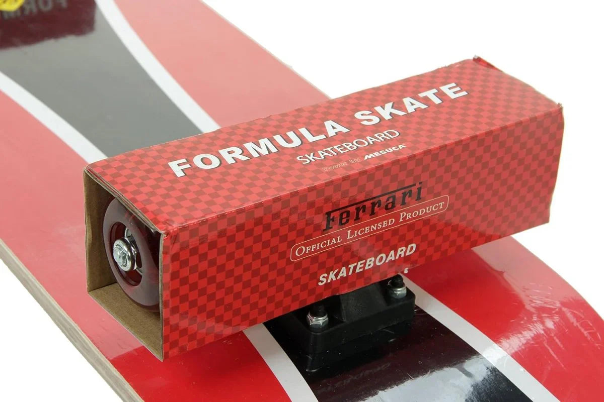 Ferrari Formula Skate skateboard package box with black skateboard and wheels