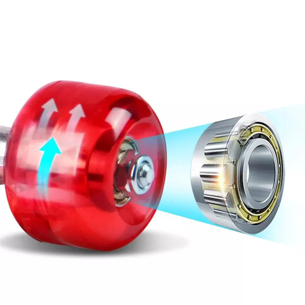 Skateboard wheel close-up: glossy red wheel with chrome bearing and gold ring
