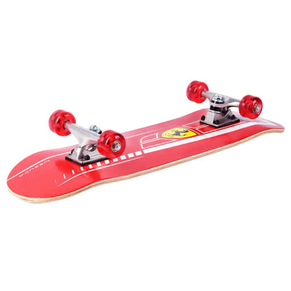 Ferrari double kick skateboard, red deck with red wheels and silver trucks