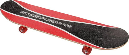 Skateboard from side with red grip top, black underside stripe, and red wheels