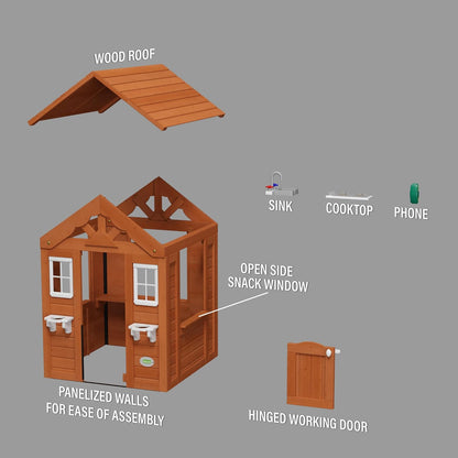 Playhouse parts layout: wood roof, sink, cooktop, phone, snack window, hinged door