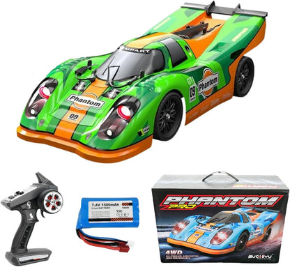 RC-Rennwagen, grün und orange, schwarzes Dach, vordere Scheinwerfer und Frontantrieb