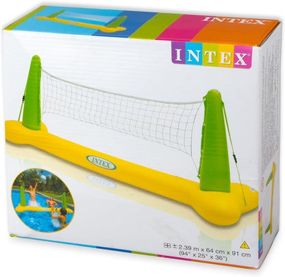 Boxed inflatable volleyball net set with yellow base and green poles