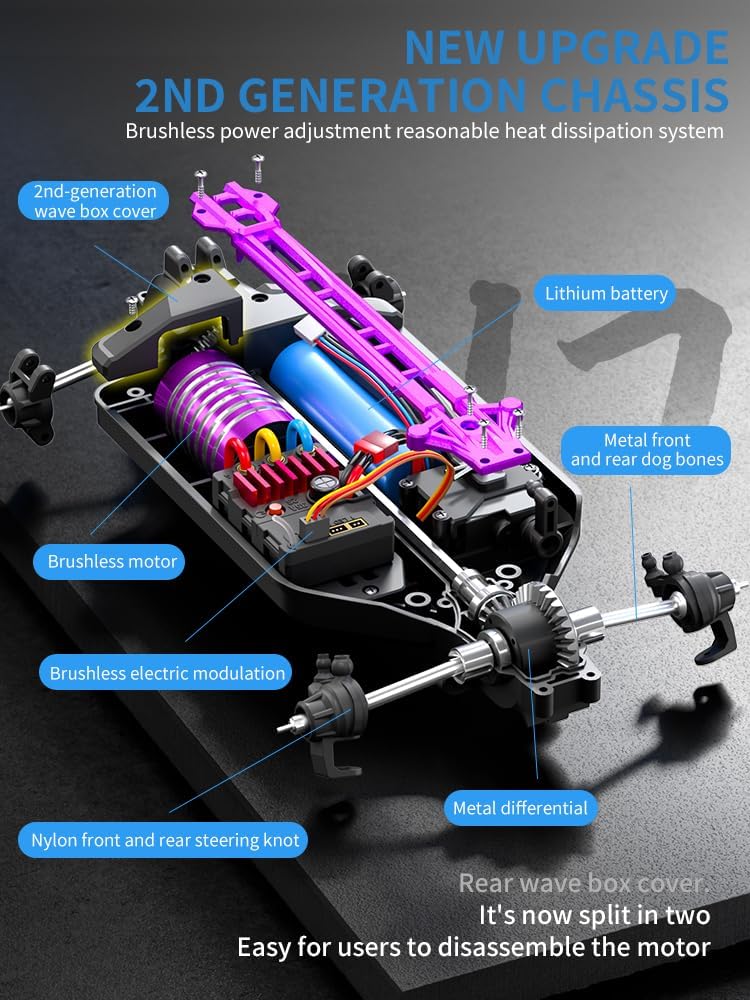 RC-Chassis-Detail mit lila Motor und Kabeln, Akku im Fach des 1:16 Modells