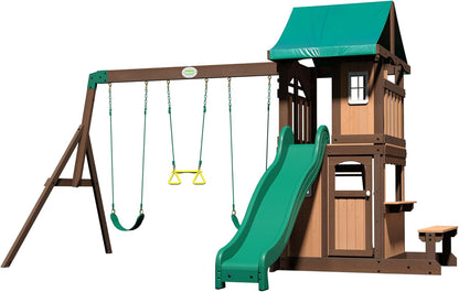 Wood playset swing beam with green slide and teal canopy, wooden house side