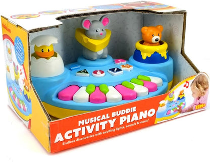 Activity piano in box with three pop-up animal figures