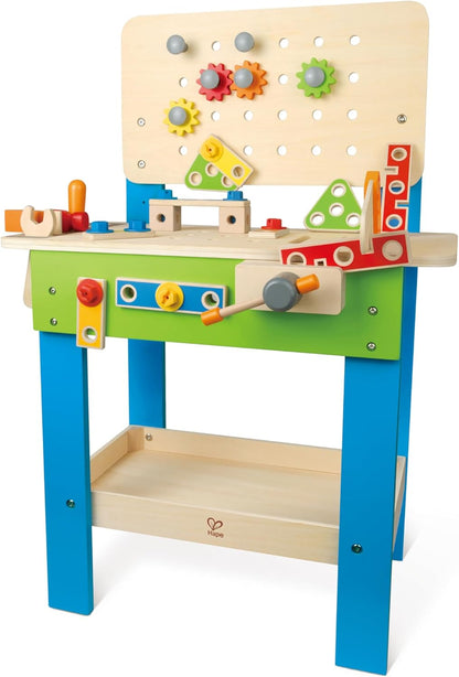 Wooden toy workbench with colorful gears, pegs, and hammer tools on front panel