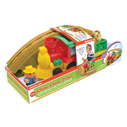 Musical toy train set in retail box, colorful train engine and track pieces