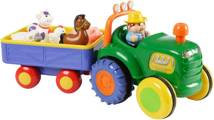 Motorized toy tractor with blue wagon trailer, green body, toddler driver and animal figures