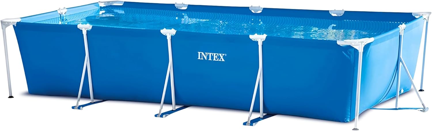 Blue rectangular above-ground pool with metal frame posts and Intex label