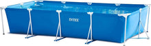 Blue rectangular above-ground pool with metal frame posts and Intex label