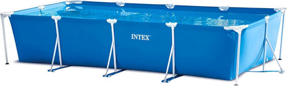 Blue rectangular above-ground pool with metal frame posts and Intex label
