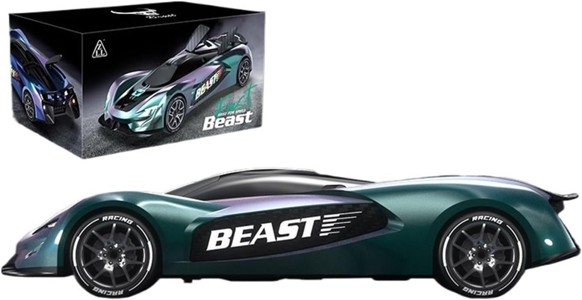 Teal full-scale RC drift car with 'BEAST' front decal, four-wheel drive design