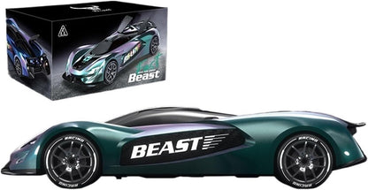 Teal full-scale RC drift car with 'BEAST' front decal, four-wheel drive design