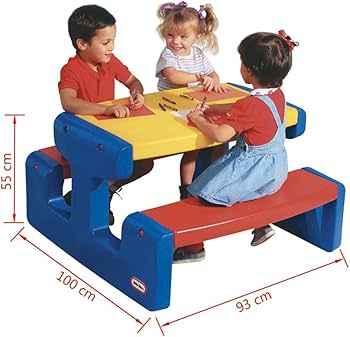 Kids picnic table with yellow top, red bench, blue frame and child chairs