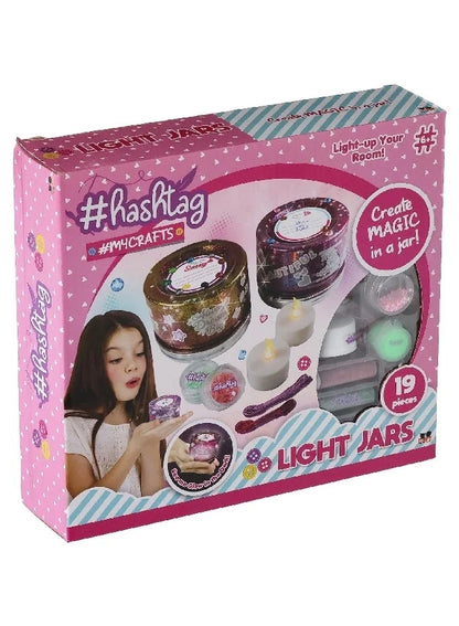 Light jar craft kit box, front view with #hashtag logo and light-up room text