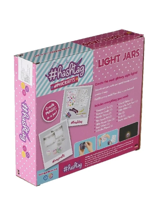 Light jar craft kit box, pink with teal stripes and #hashtag branding