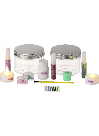 Light jar craft kit contents: two clear jars, teal cap, candles, pens, and stickers