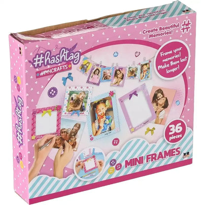 Hashtag-themed mini frames craft kit box, 36-piece set with assorted frame photos