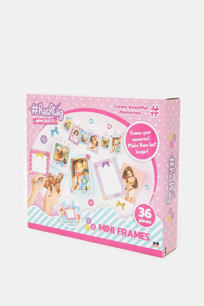 Pink mini frames craft kit box with 36-piece set and sample photo frame layouts