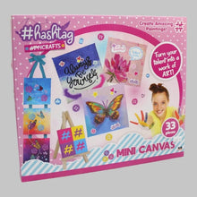 Mini canvas painting kit box front with 33 pieces and sample painting images