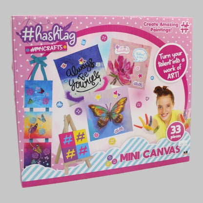 Mini canvas painting kit box front with 33 pieces and sample painting images