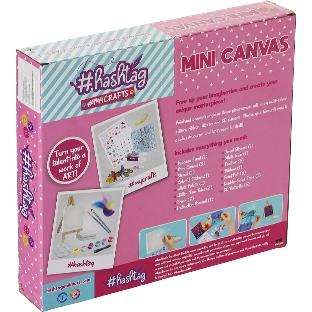 Mini canvas painting kit box back with features and supply list