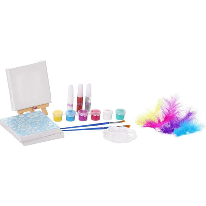 Mini canvas art kit with small blank canvases, paint pots, brushes, palette, feather trim
