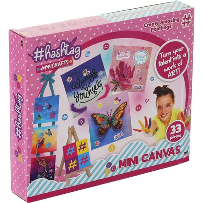 Mini canvas painting kit box with 33 pieces and artwork designs on the front