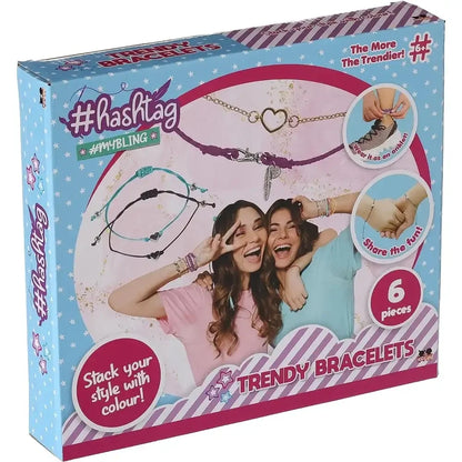 Hashtag trendy bracelets box for a six-piece multi bracelet set with heart and star graphics