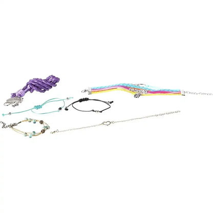 Multi-bracelet set with beaded, charm, chain and cord bracelets in purple, blue and green