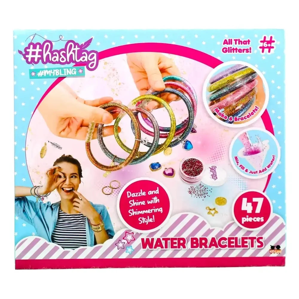 Water bracelets craft kit box showing glitter bangles and “47 pieces” label
